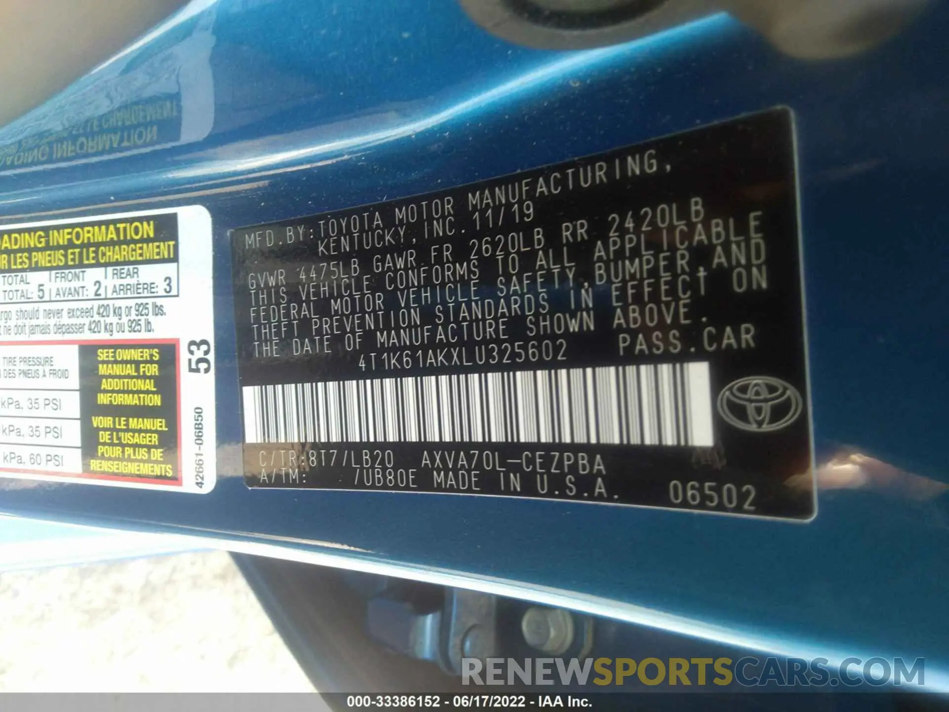 9 fotografías del automóvil dañado 4T1K61AKXLU325602 TOYOTA CAMRY 2020