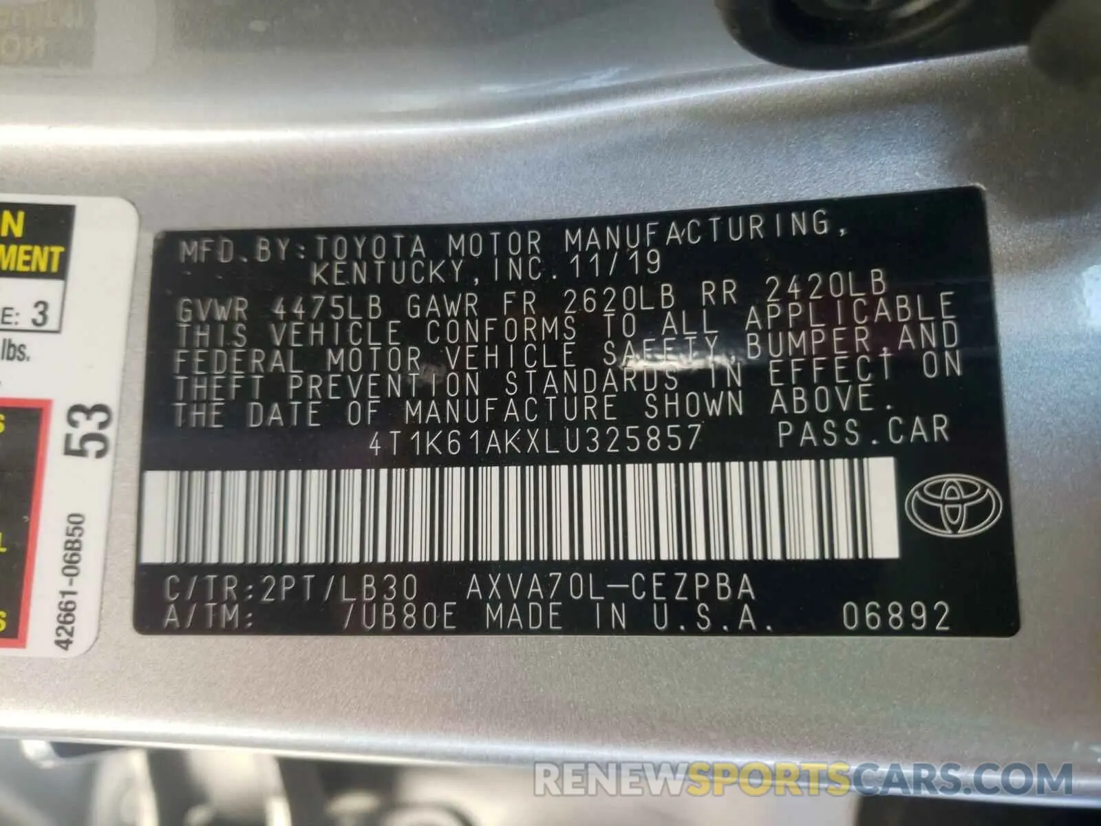 10 fotografías del automóvil dañado 4T1K61AKXLU325857 TOYOTA CAMRY 2020