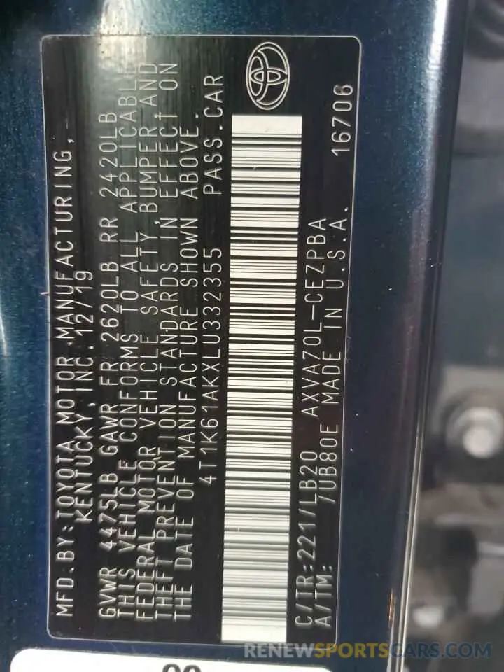 12 fotografías del automóvil dañado 4T1K61AKXLU332355 TOYOTA CAMRY 2020