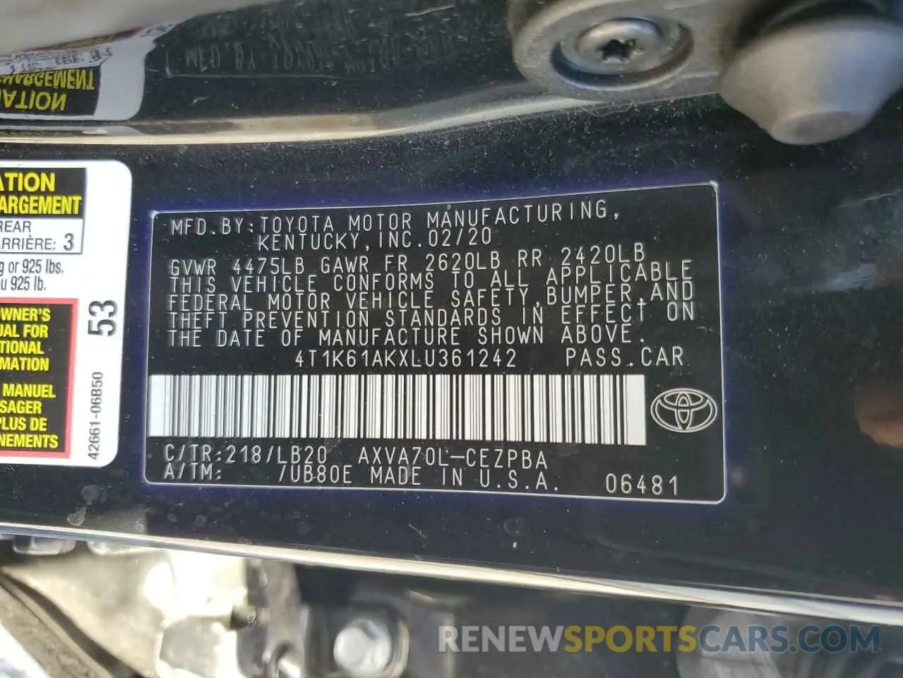 12 fotografías del automóvil dañado 4T1K61AKXLU361242 TOYOTA CAMRY 2020