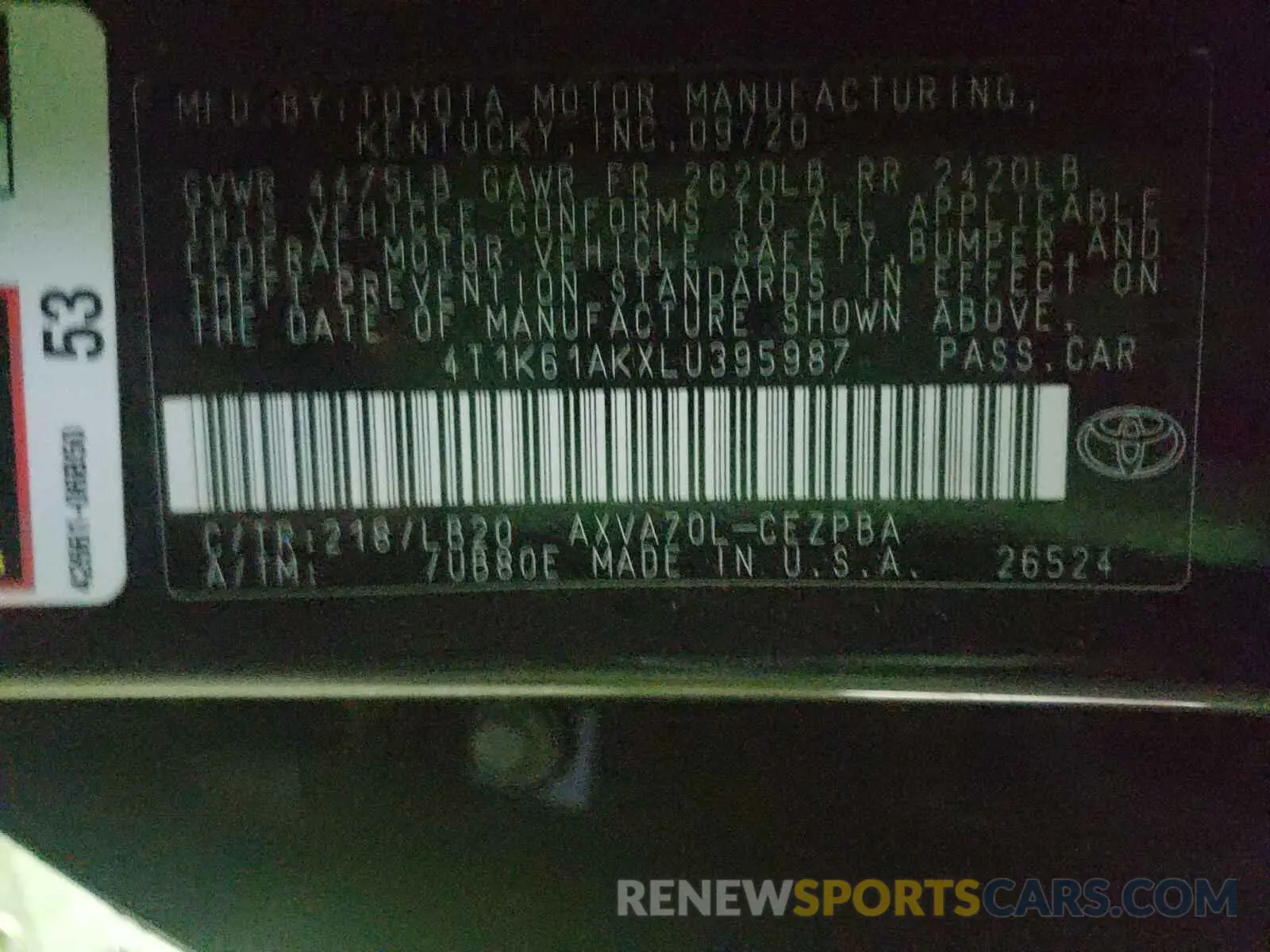 10 fotografías del automóvil dañado 4T1K61AKXLU395987 TOYOTA CAMRY 2020