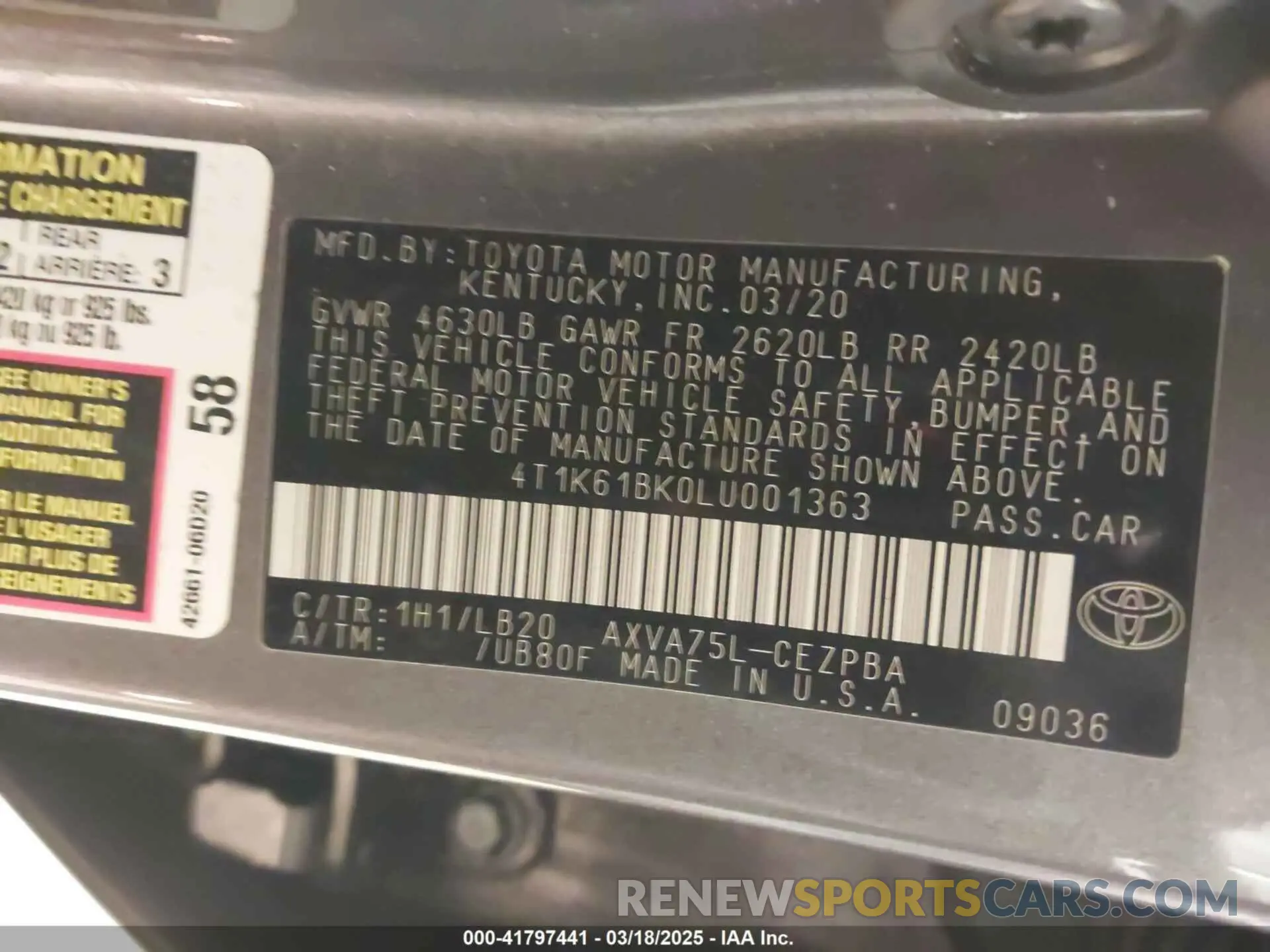 9 fotografías del automóvil dañado 4T1K61BK0LU001363 TOYOTA CAMRY 2020