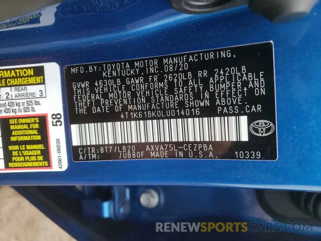 10 fotografías del automóvil dañado 4T1K61BK0LU014016 TOYOTA CAMRY 2020
