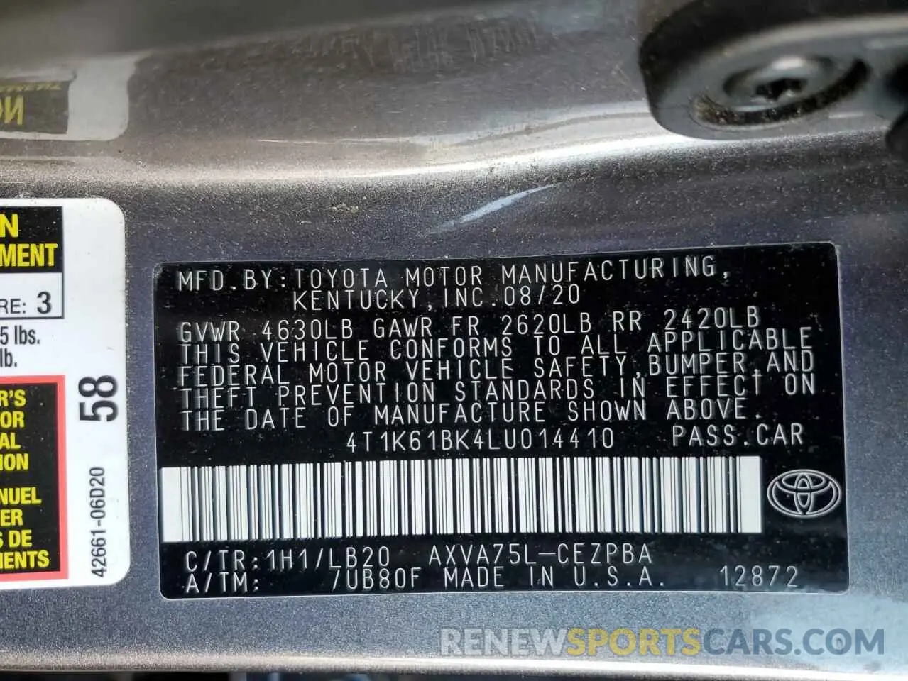 12 fotografías del automóvil dañado 4T1K61BK4LU014410 TOYOTA CAMRY 2020