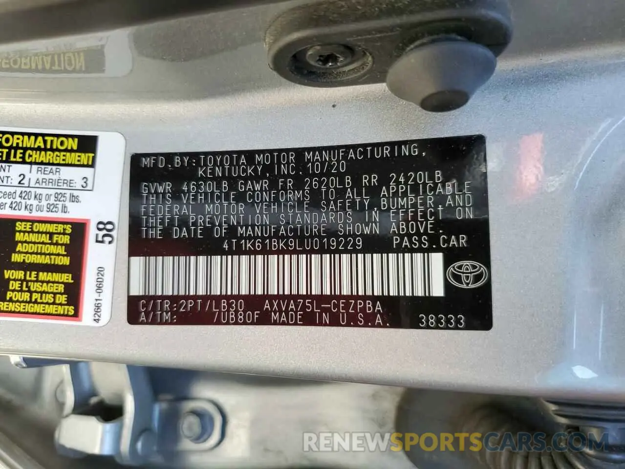 12 fotografías del automóvil dañado 4T1K61BK9LU019229 TOYOTA CAMRY 2020