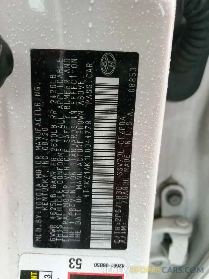 12 fotografías del automóvil dañado 4T1KZ1AK1LU044778 TOYOTA CAMRY 2020