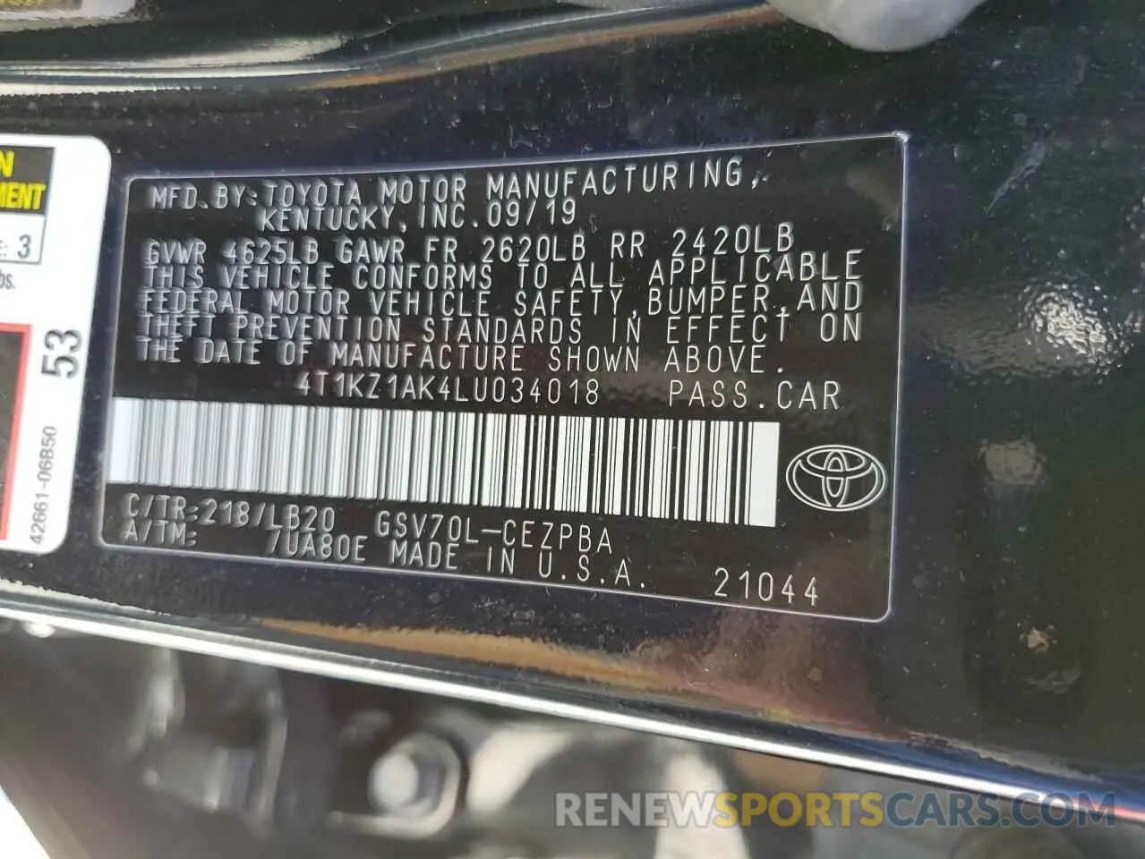 12 fotografías del automóvil dañado 4T1KZ1AK4LU034018 TOYOTA CAMRY 2020