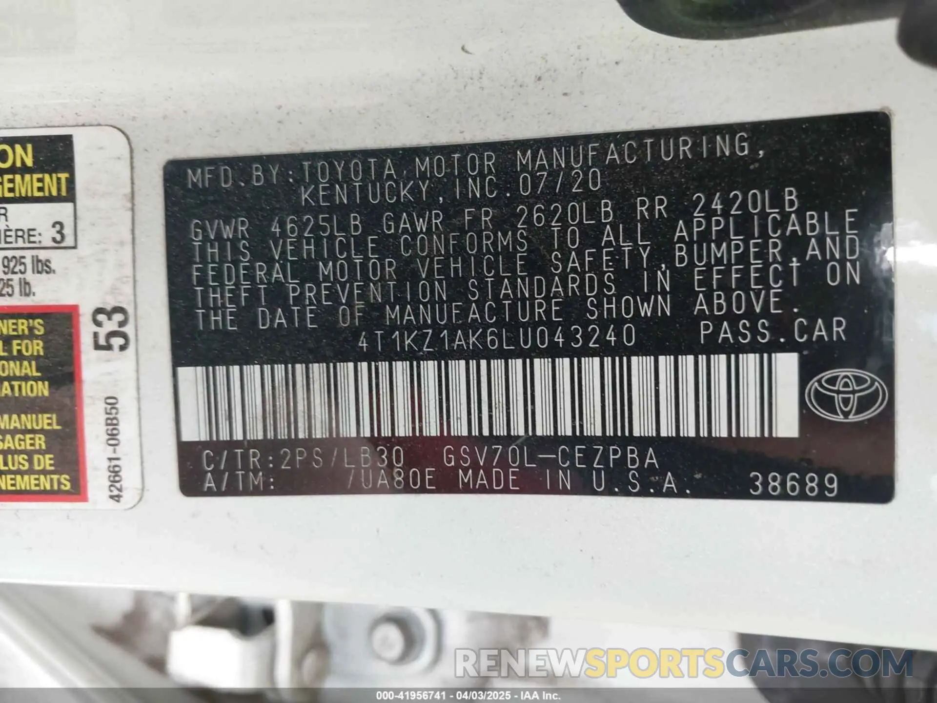 9 fotografías del automóvil dañado 4T1KZ1AK6LU043240 TOYOTA CAMRY 2020