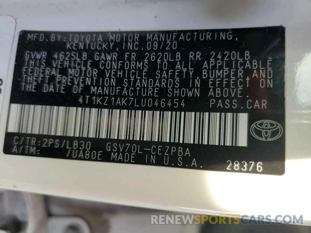 12 fotografías del automóvil dañado 4T1KZ1AK7LU046454 TOYOTA CAMRY 2020