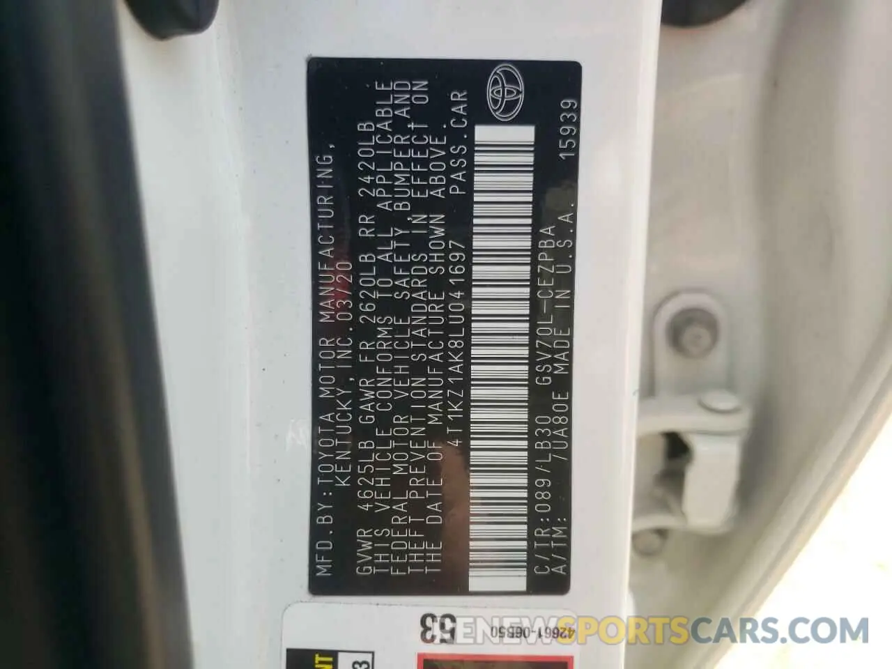10 fotografías del automóvil dañado 4T1KZ1AK8LU041697 TOYOTA CAMRY 2020
