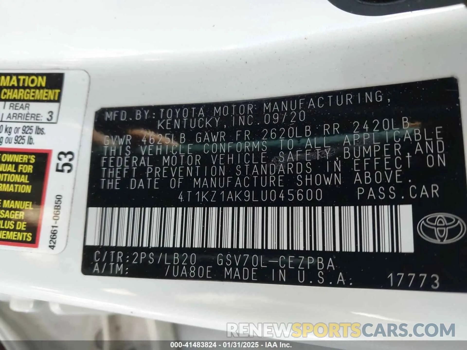 9 fotografías del automóvil dañado 4T1KZ1AK9LU045600 TOYOTA CAMRY 2020