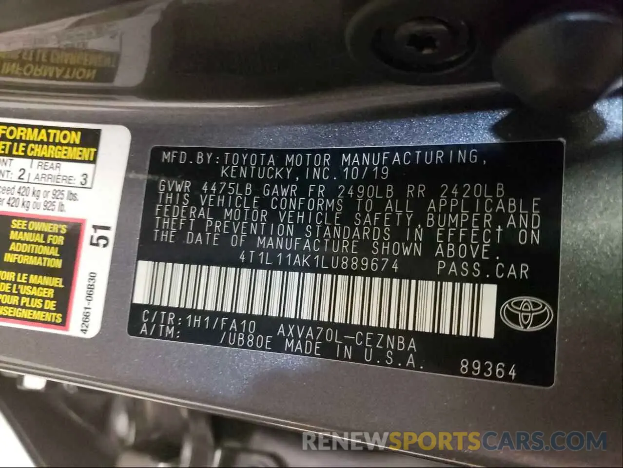 10 fotografías del automóvil dañado 4T1L11AK1LU889674 TOYOTA CAMRY 2020