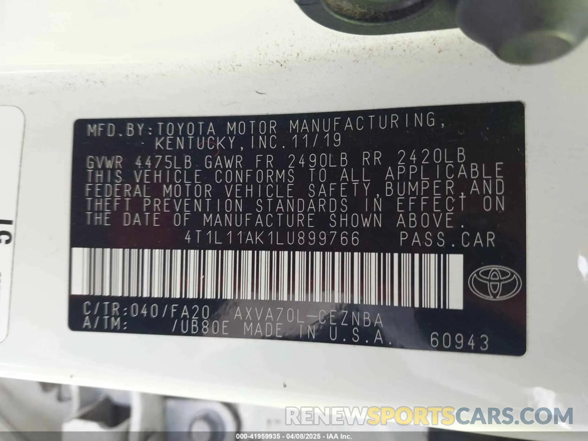 9 fotografías del automóvil dañado 4T1L11AK1LU899766 TOYOTA CAMRY 2020