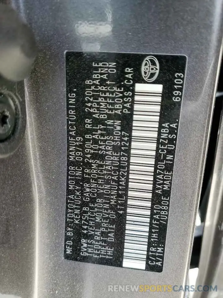 12 fotografías del automóvil dañado 4T1L11AK2LU871247 TOYOTA CAMRY 2020