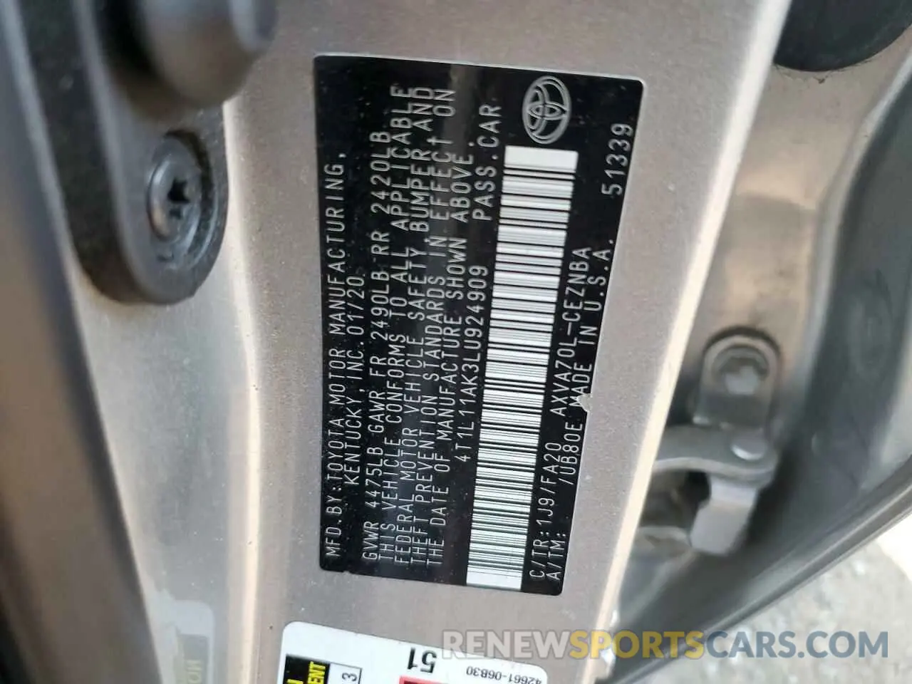 12 fotografías del automóvil dañado 4T1L11AK3LU924909 TOYOTA CAMRY 2020