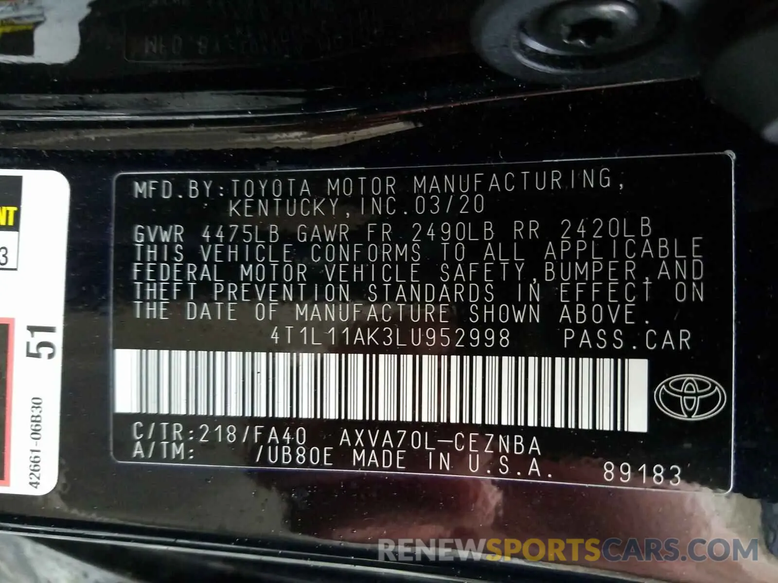 10 fotografías del automóvil dañado 4T1L11AK3LU952998 TOYOTA CAMRY 2020