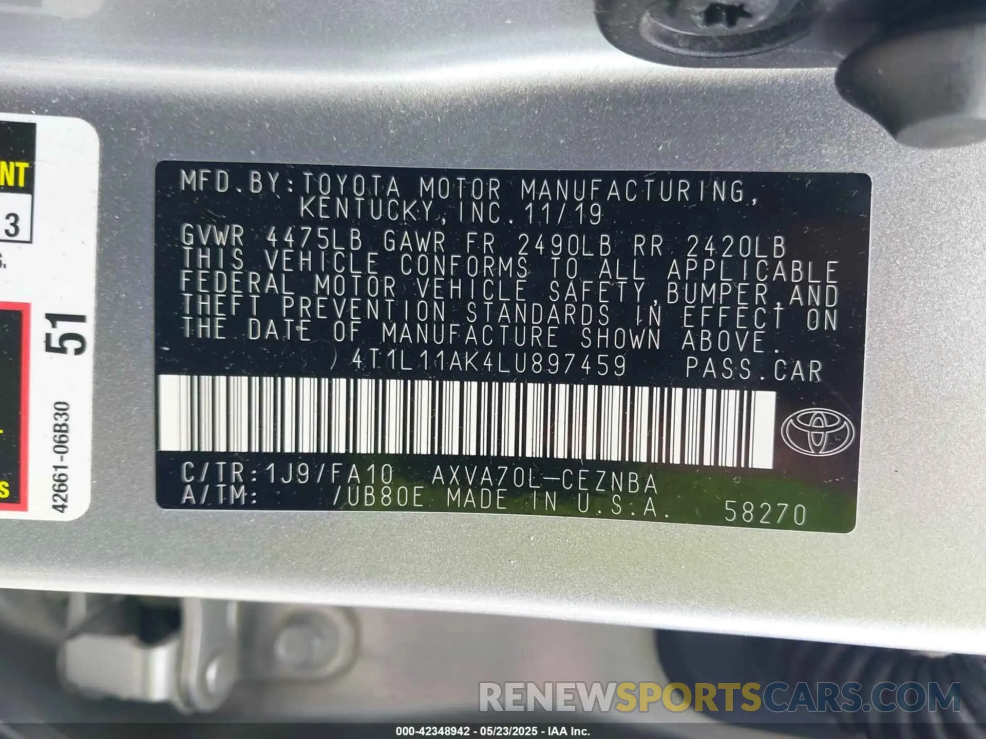 8 fotografías del automóvil dañado 4T1L11AK4LU897459 TOYOTA CAMRY 2020