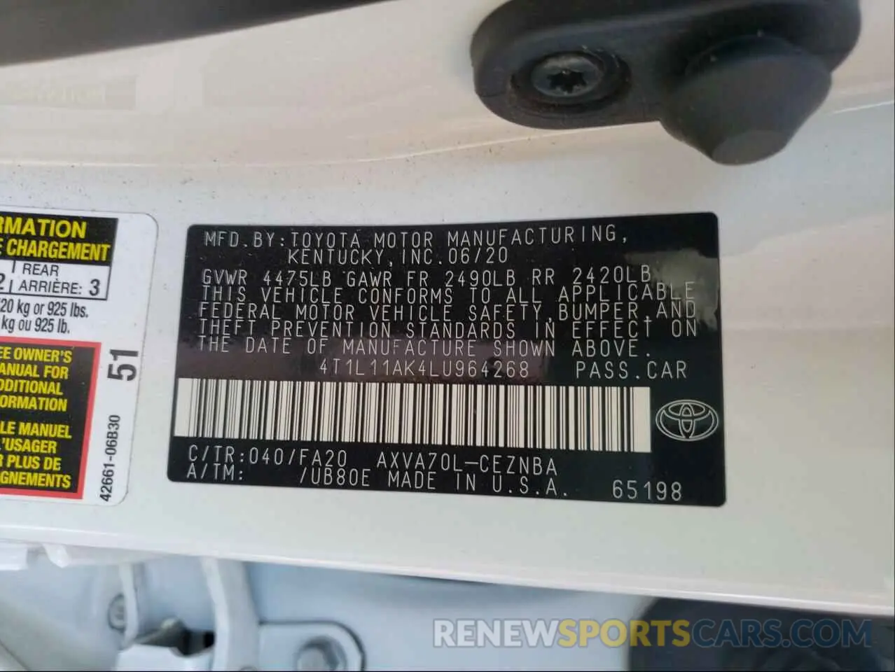 10 fotografías del automóvil dañado 4T1L11AK4LU964268 TOYOTA CAMRY 2020