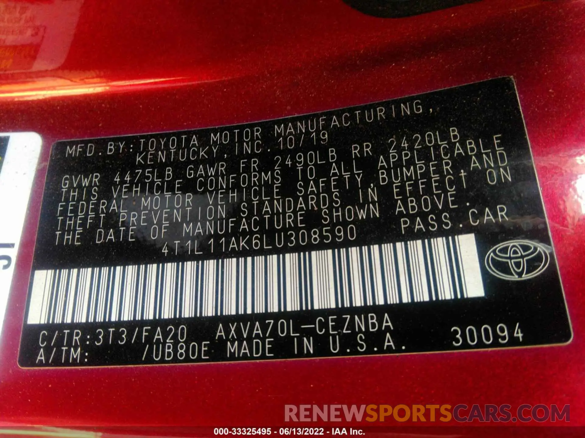 9 fotografías del automóvil dañado 4T1L11AK6LU308590 TOYOTA CAMRY 2020