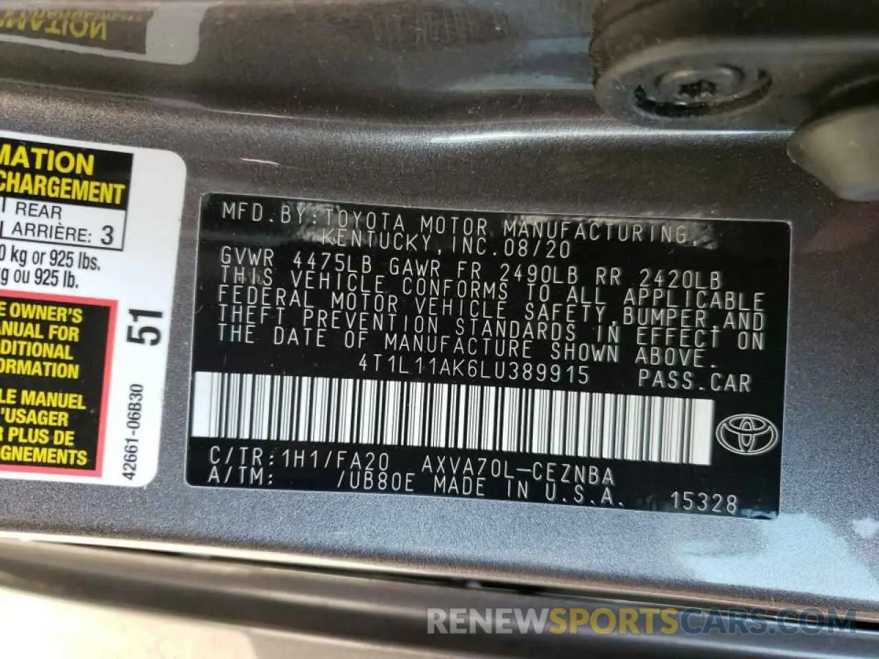 10 fotografías del automóvil dañado 4T1L11AK6LU389915 TOYOTA CAMRY 2020