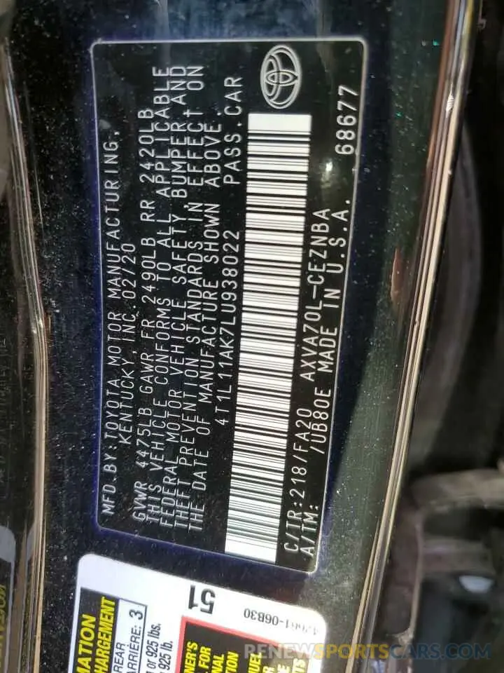 13 fotografías del automóvil dañado 4T1L11AK7LU938022 TOYOTA CAMRY 2020