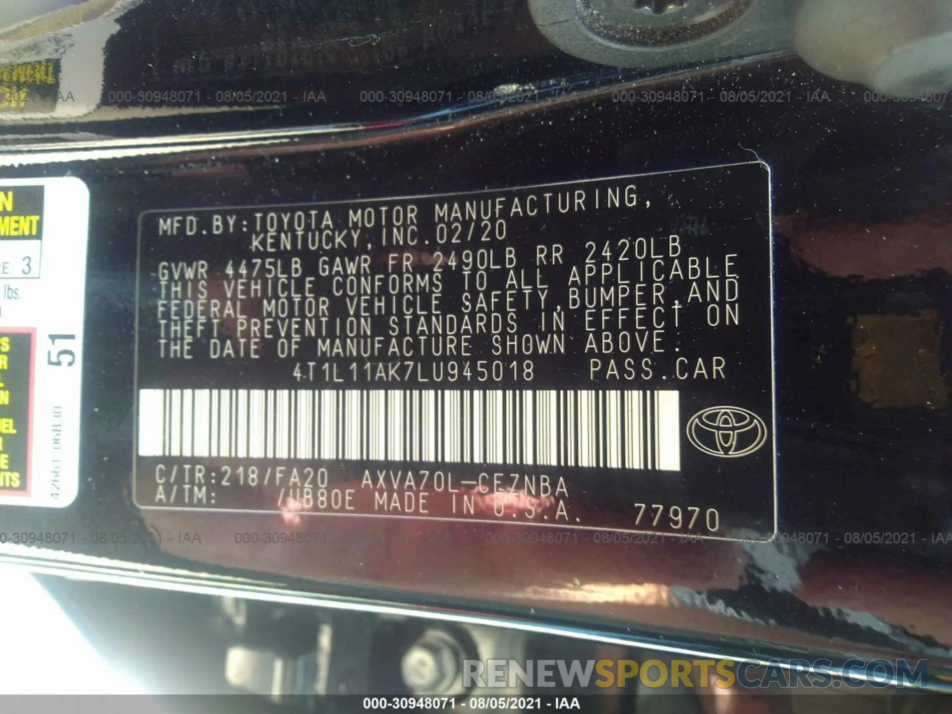 9 fotografías del automóvil dañado 4T1L11AK7LU945018 TOYOTA CAMRY 2020