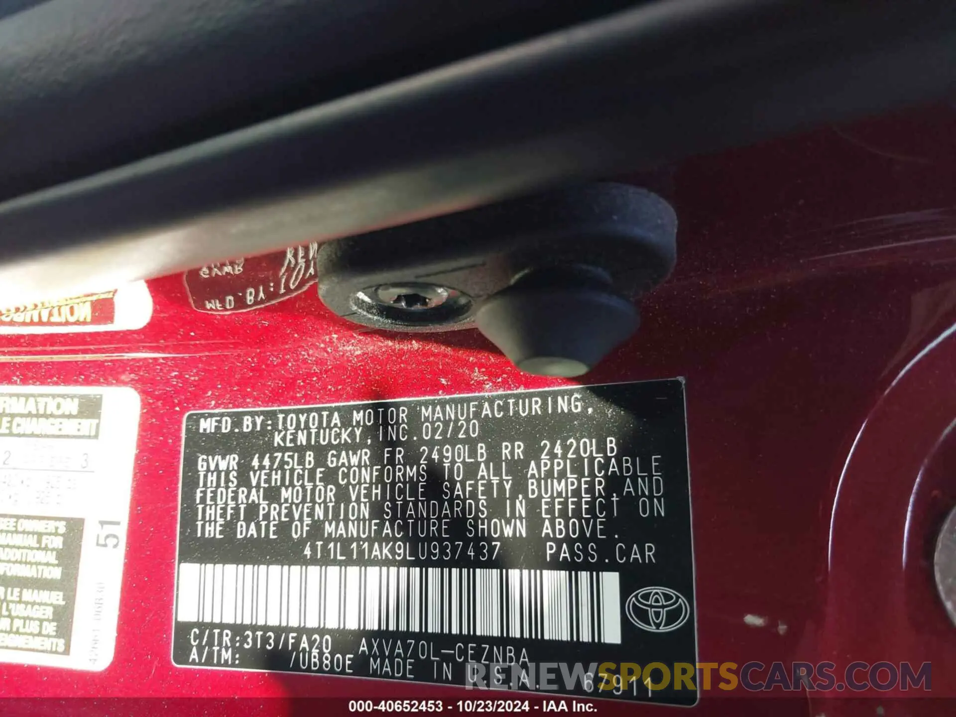 9 fotografías del automóvil dañado 4T1L11AK9LU937437 TOYOTA CAMRY 2020