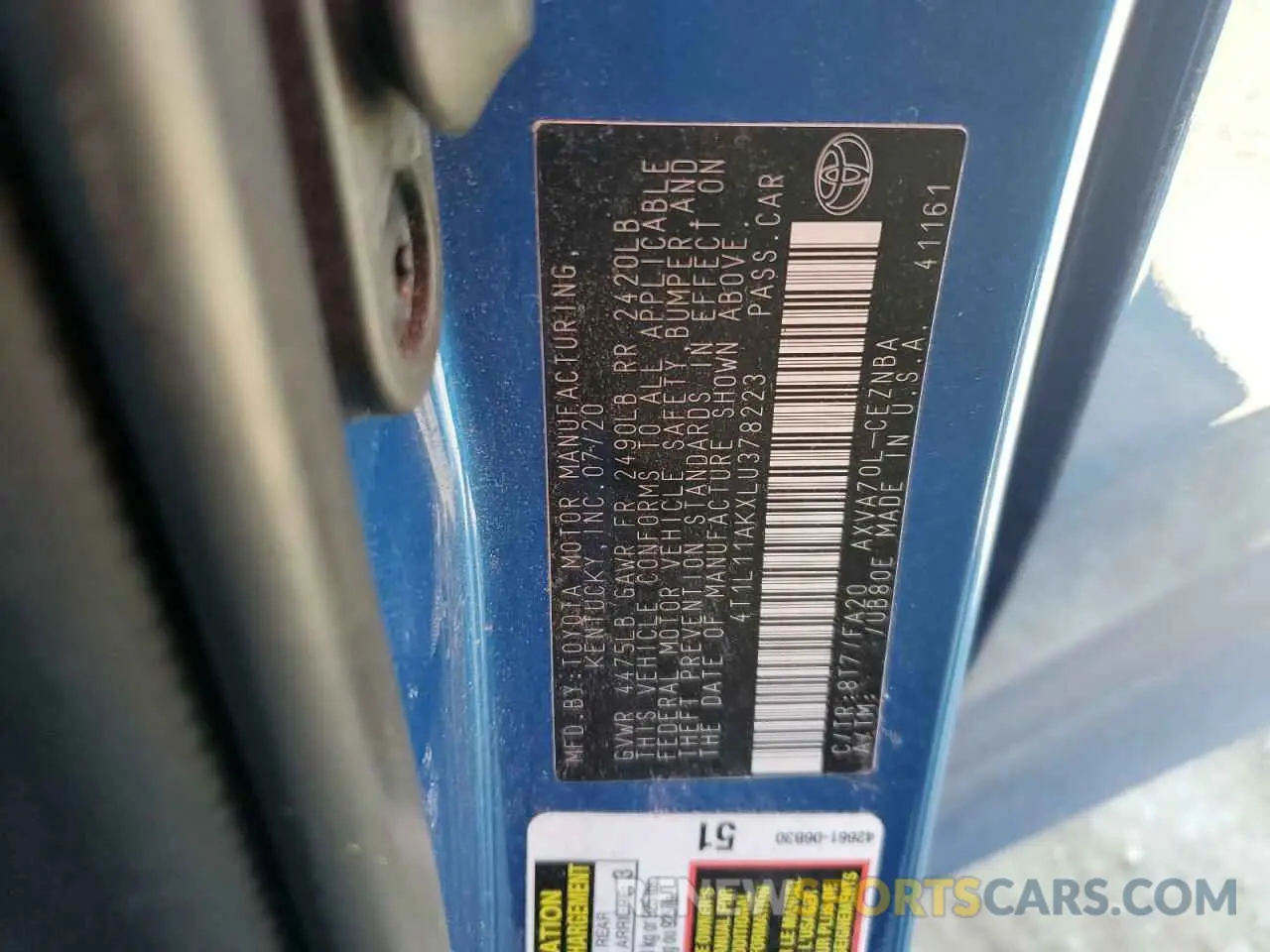 12 fotografías del automóvil dañado 4T1L11AKXLU378223 TOYOTA CAMRY 2020