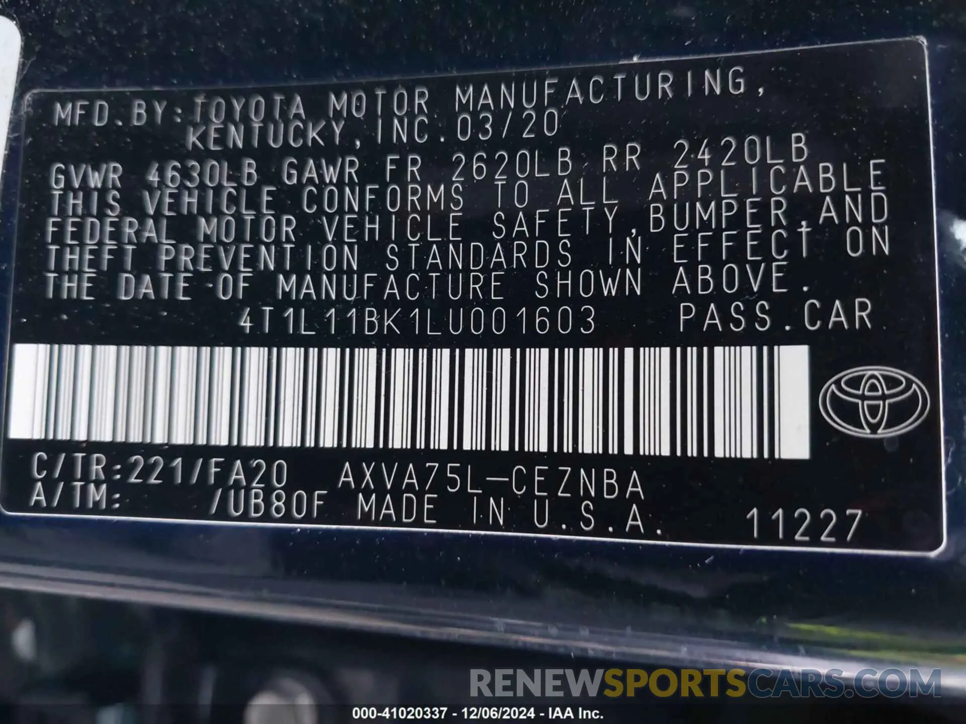 9 fotografías del automóvil dañado 4T1L11BK1LU001603 TOYOTA CAMRY 2020