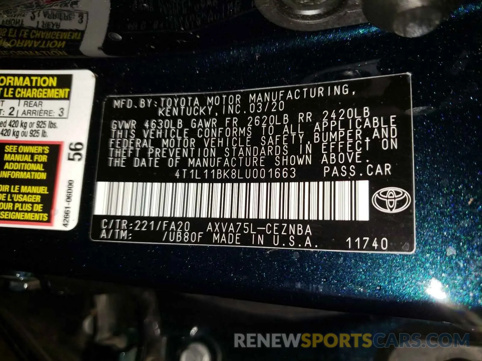 10 fotografías del automóvil dañado 4T1L11BK8LU001663 TOYOTA CAMRY 2020