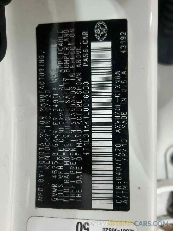 13 fotografías del automóvil dañado 4T1L31AK1LU016033 TOYOTA CAMRY 2020