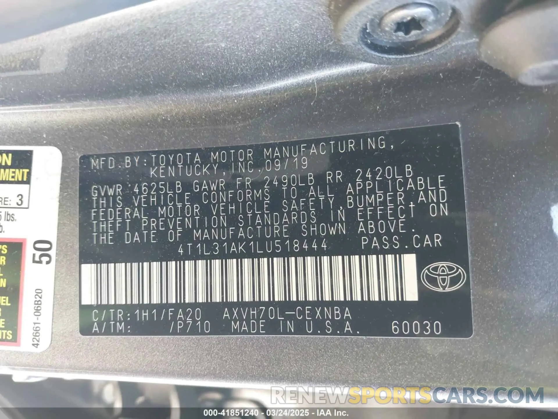 9 fotografías del automóvil dañado 4T1L31AK1LU518444 TOYOTA CAMRY 2020