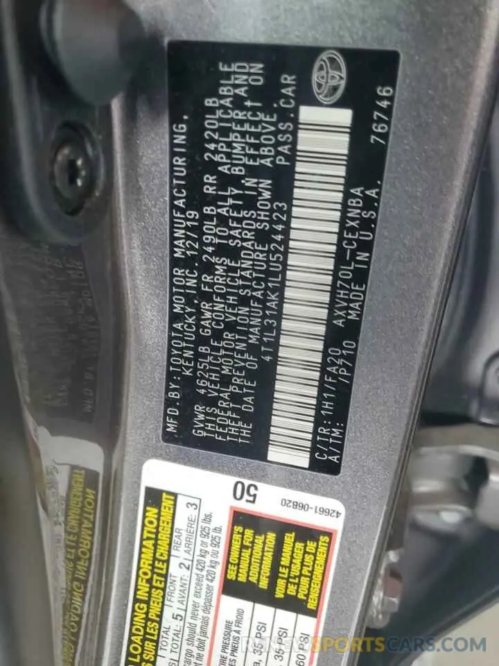 12 fotografías del automóvil dañado 4T1L31AK1LU524423 TOYOTA CAMRY 2020