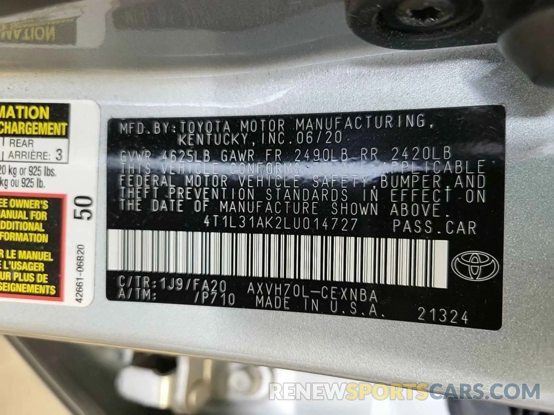 3 fotografías del automóvil dañado 4T1L31AK2LU014727 TOYOTA CAMRY 2020