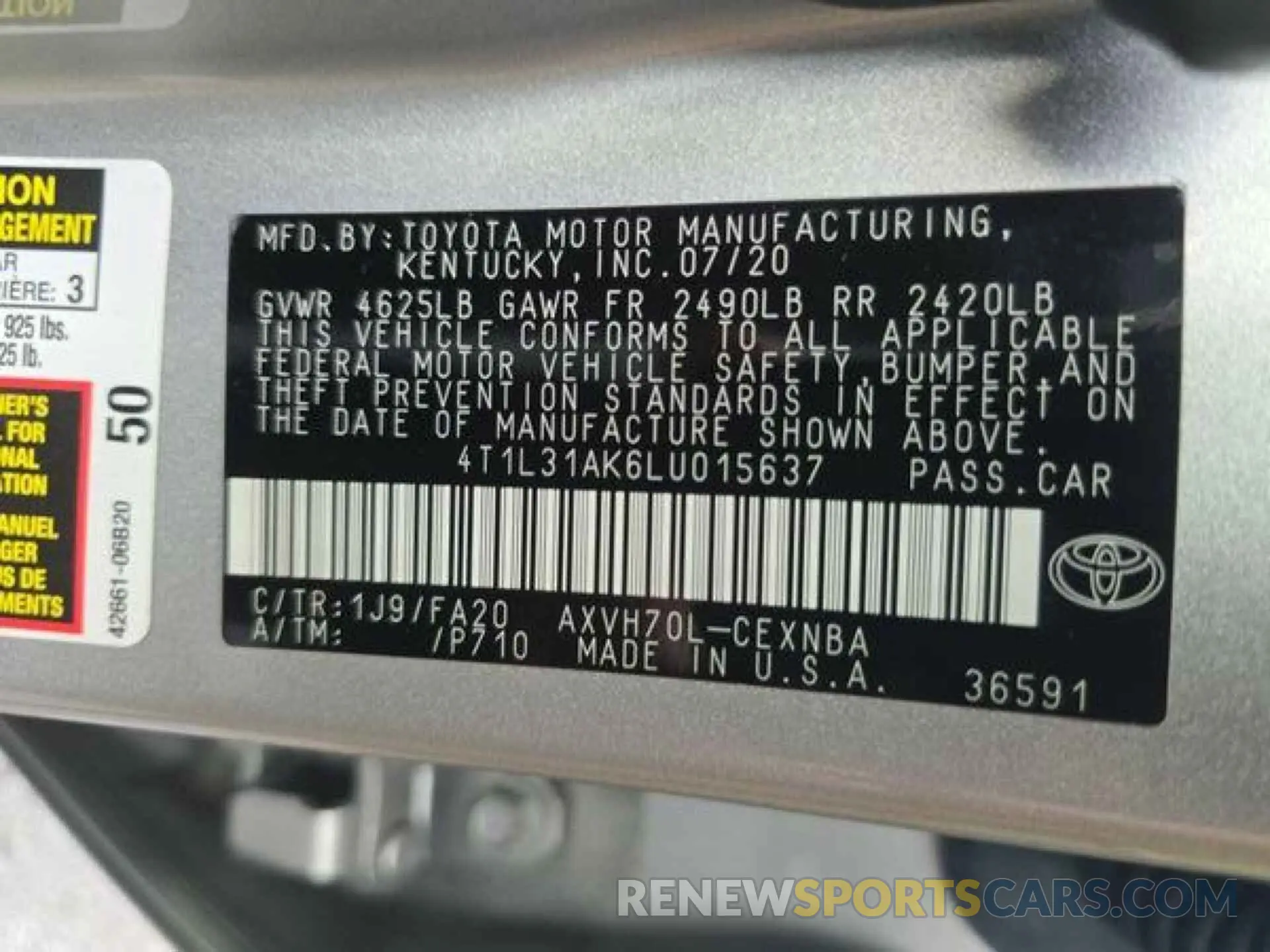 15 fotografías del automóvil dañado 4T1L31AK6LU015637 TOYOTA CAMRY 2020