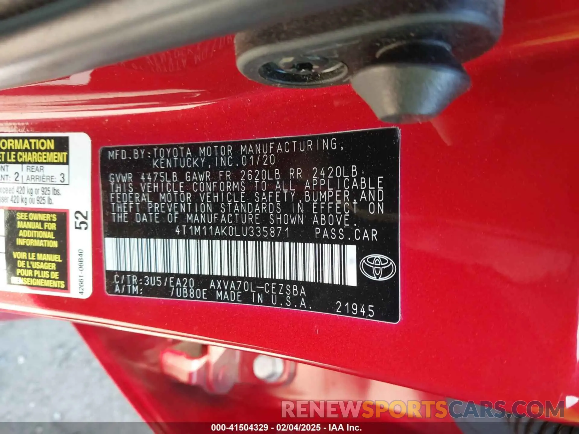 9 fotografías del automóvil dañado 4T1M11AK0LU335871 TOYOTA CAMRY 2020