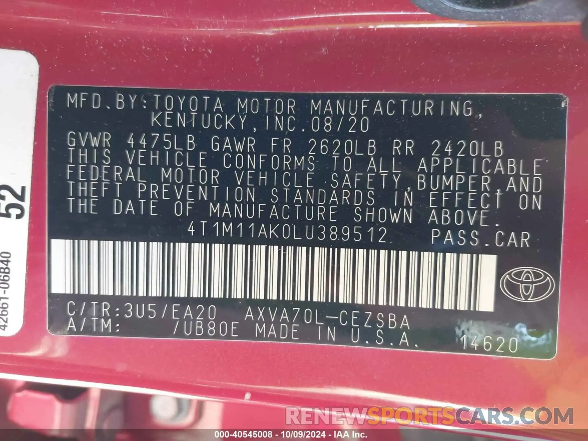 9 fotografías del automóvil dañado 4T1M11AK0LU389512 TOYOTA CAMRY 2020
