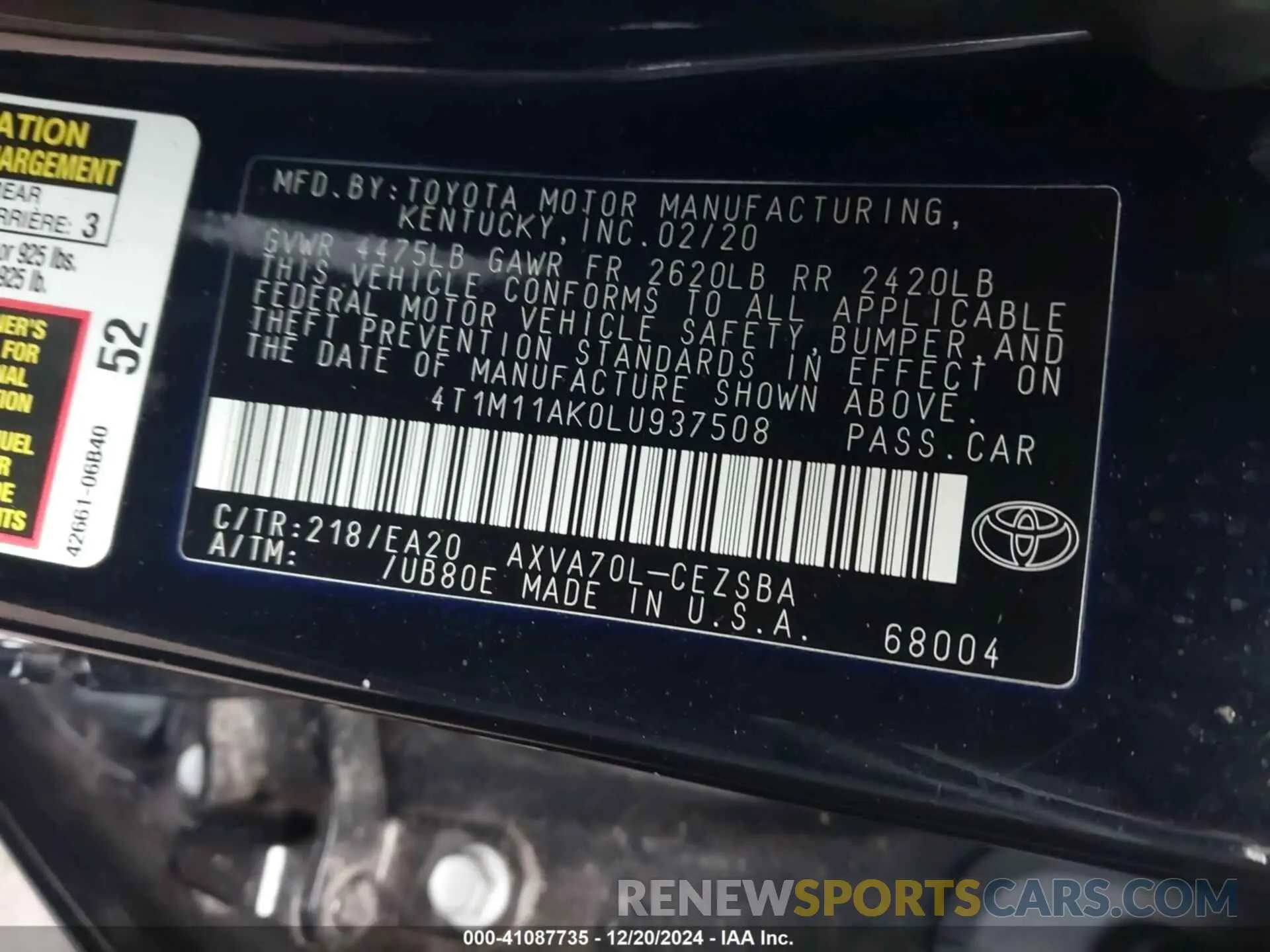 9 fotografías del automóvil dañado 4T1M11AK0LU937508 TOYOTA CAMRY 2020