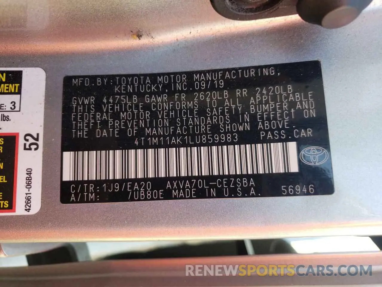 12 fotografías del automóvil dañado 4T1M11AK1LU859983 TOYOTA CAMRY 2020