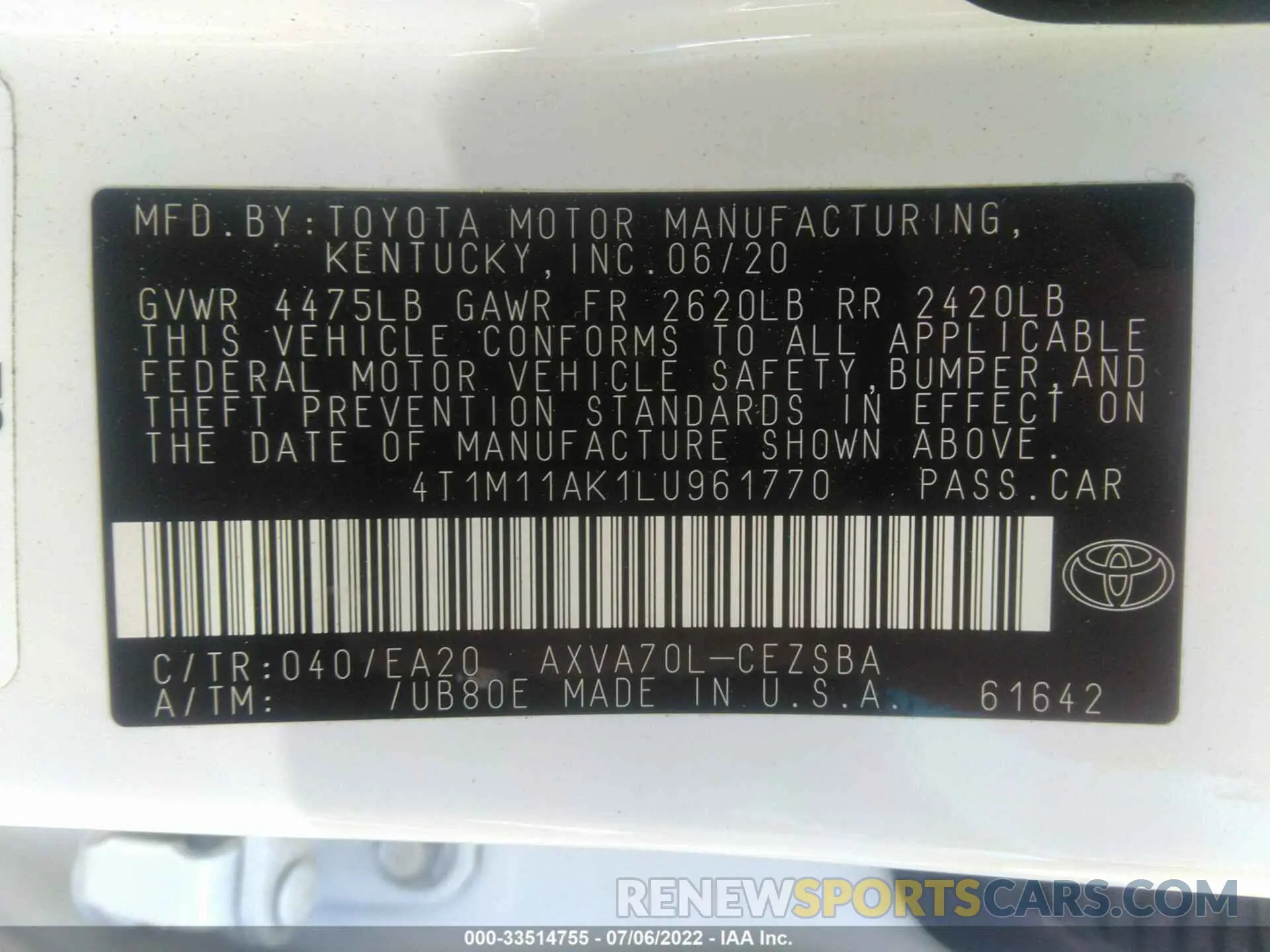 9 fotografías del automóvil dañado 4T1M11AK1LU961770 TOYOTA CAMRY 2020