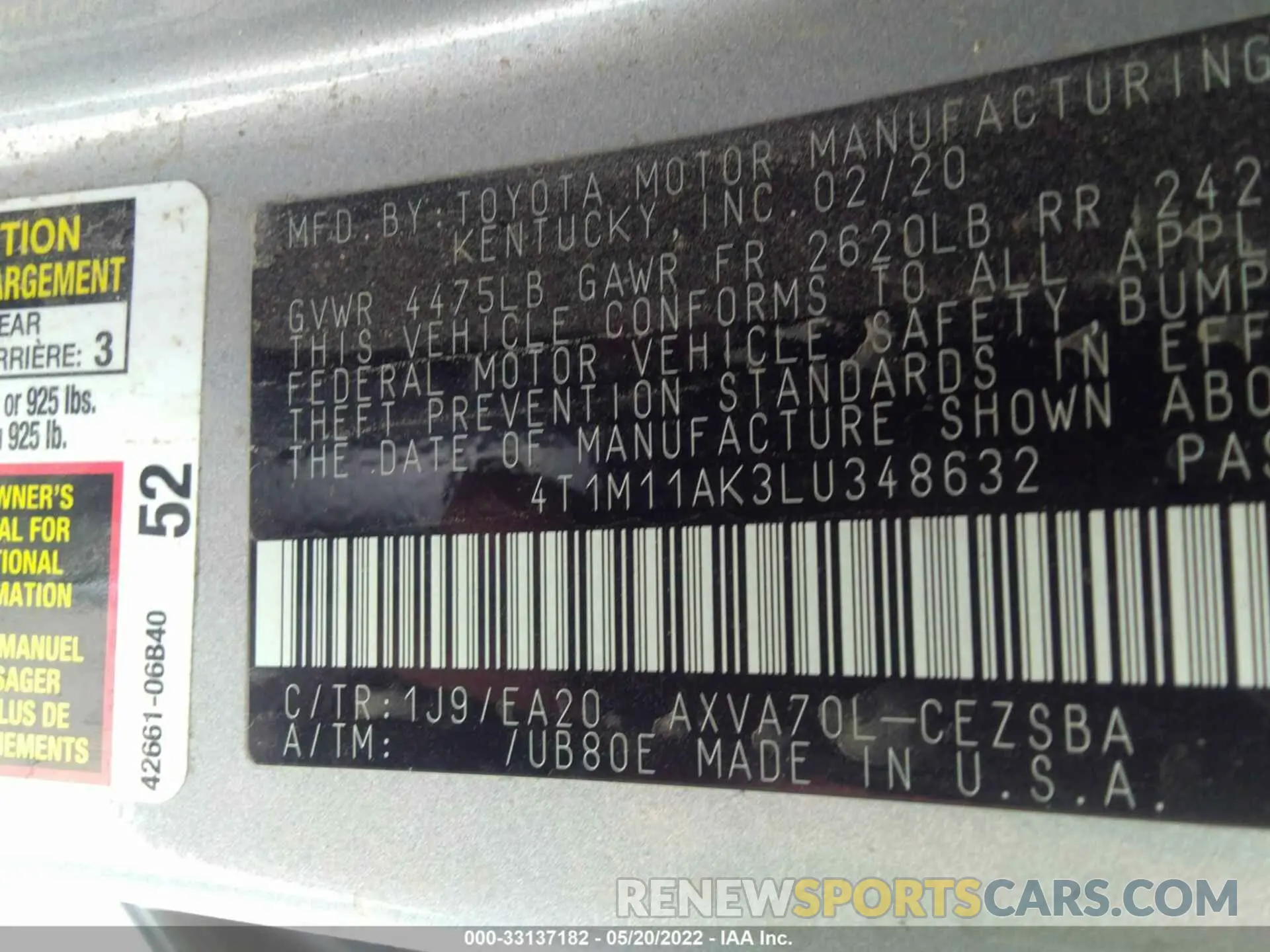 9 fotografías del automóvil dañado 4T1M11AK3LU348632 TOYOTA CAMRY 2020