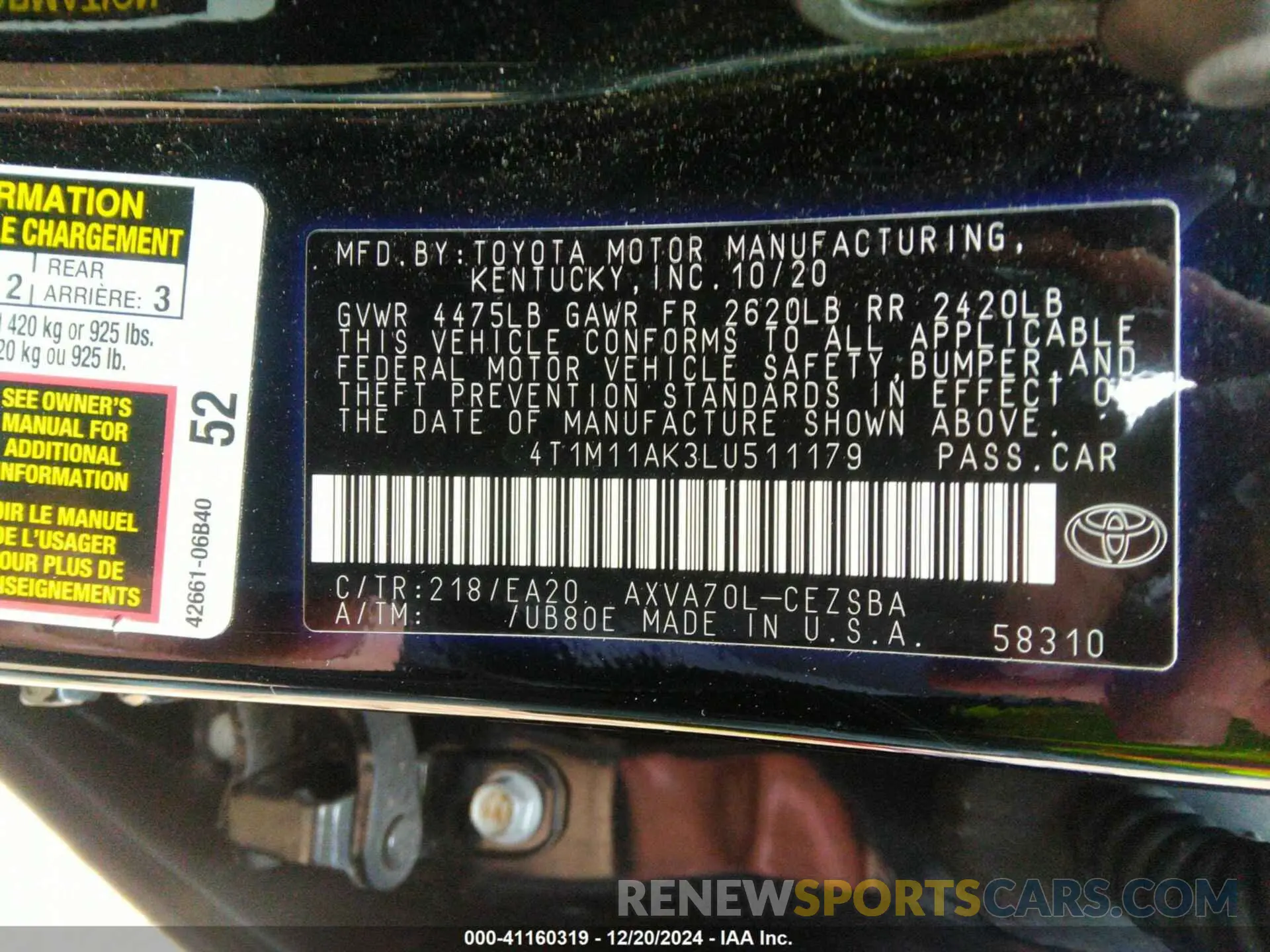 9 fotografías del automóvil dañado 4T1M11AK3LU511179 TOYOTA CAMRY 2020