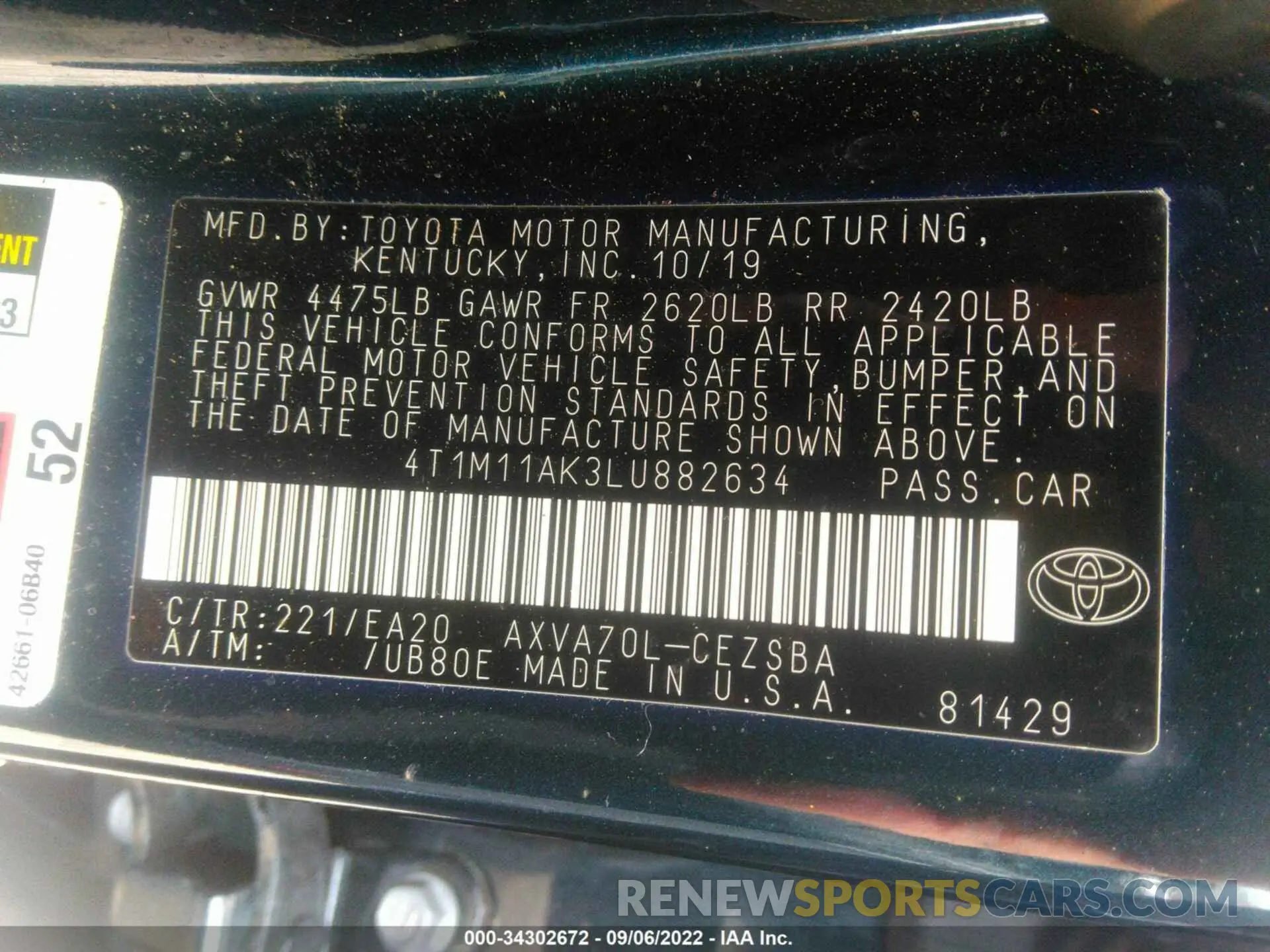 9 fotografías del automóvil dañado 4T1M11AK3LU882634 TOYOTA CAMRY 2020