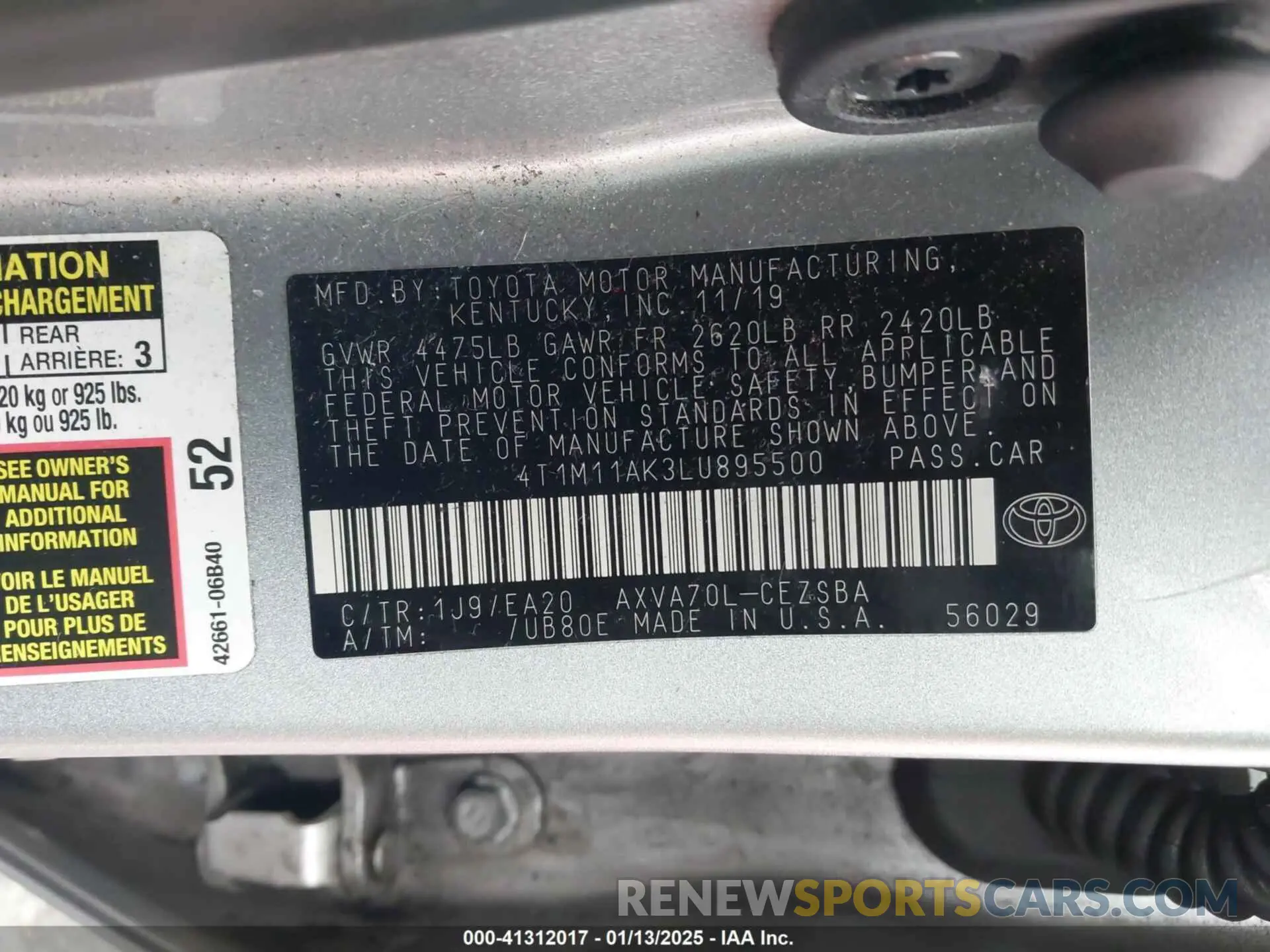 9 fotografías del automóvil dañado 4T1M11AK3LU895500 TOYOTA CAMRY 2020