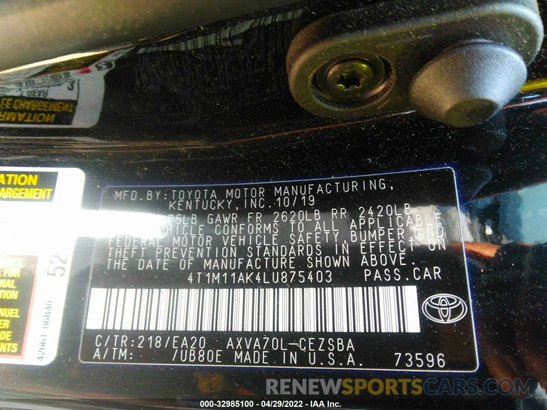 9 fotografías del automóvil dañado 4T1M11AK4LU875403 TOYOTA CAMRY 2020