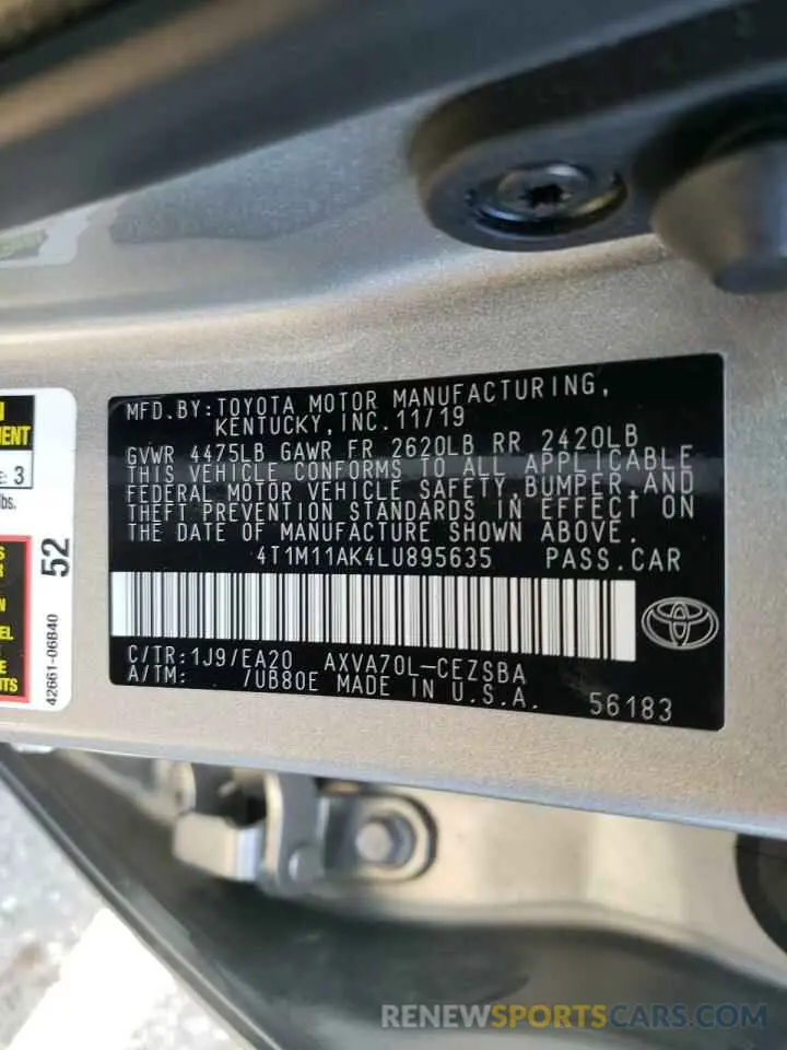 10 fotografías del automóvil dañado 4T1M11AK4LU895635 TOYOTA CAMRY 2020