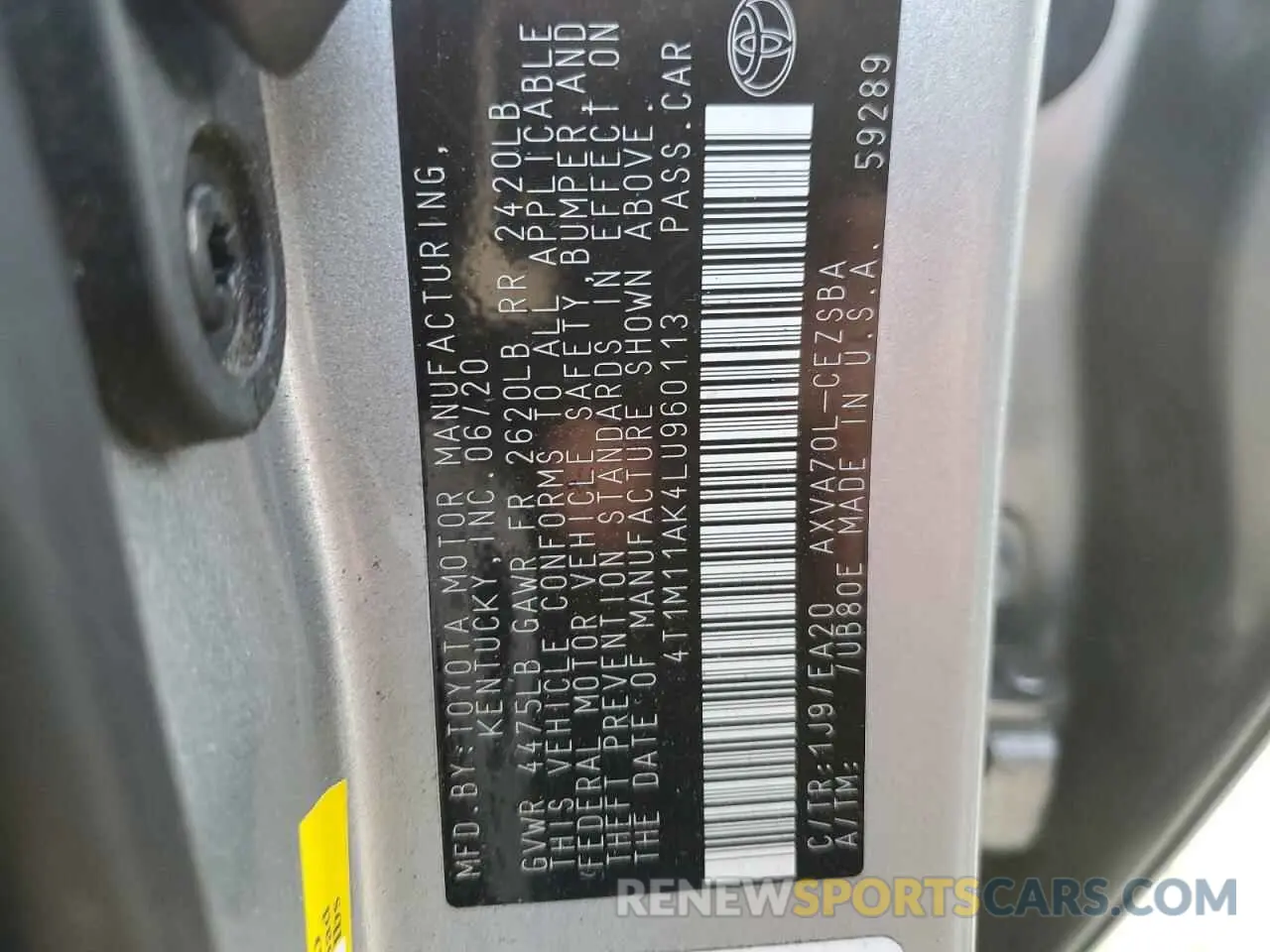 12 fotografías del automóvil dañado 4T1M11AK4LU960113 TOYOTA CAMRY 2020