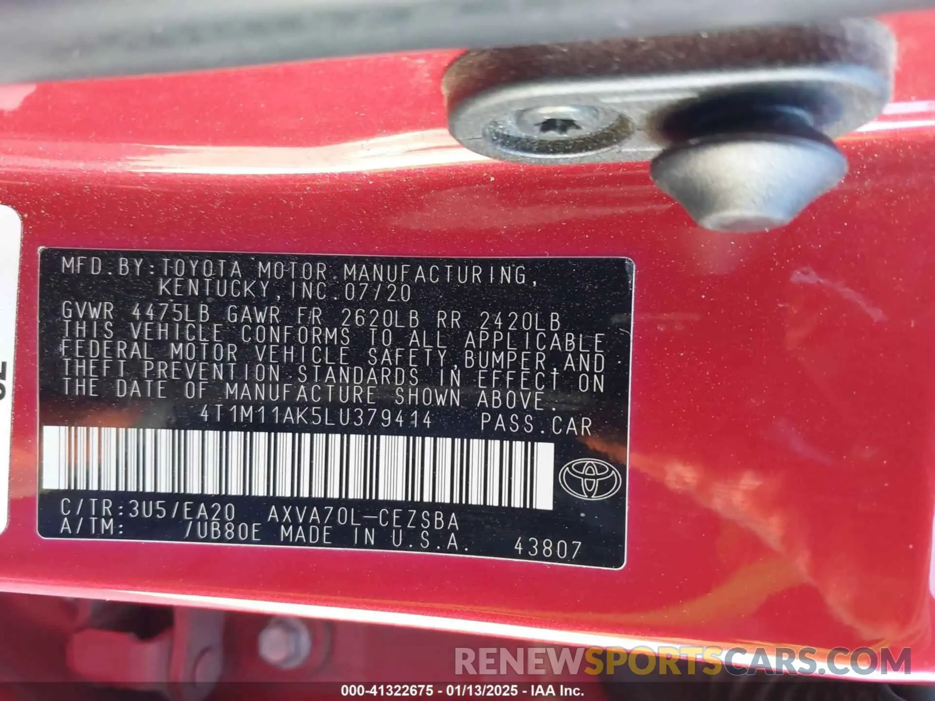 9 fotografías del automóvil dañado 4T1M11AK5LU379414 TOYOTA CAMRY 2020