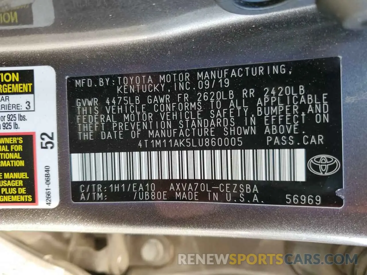 12 fotografías del automóvil dañado 4T1M11AK5LU860005 TOYOTA CAMRY 2020