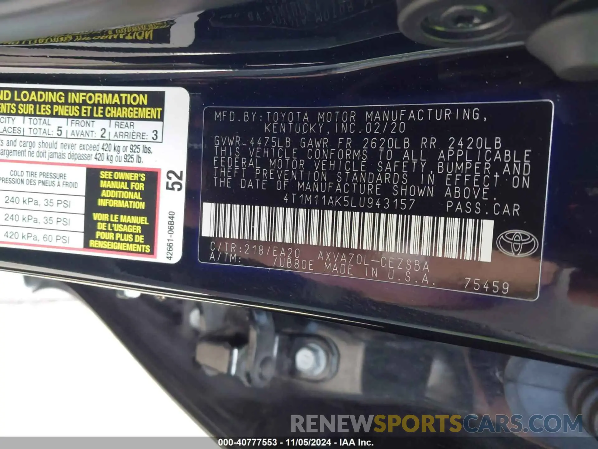 9 fotografías del automóvil dañado 4T1M11AK5LU943157 TOYOTA CAMRY 2020